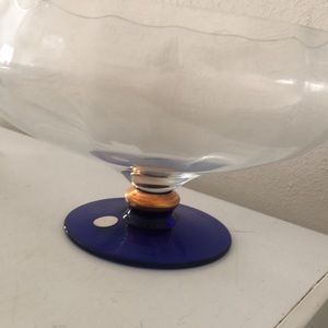 Beautiful handcrafted crystal bowl with cobalt blue and gold ring pedestal.